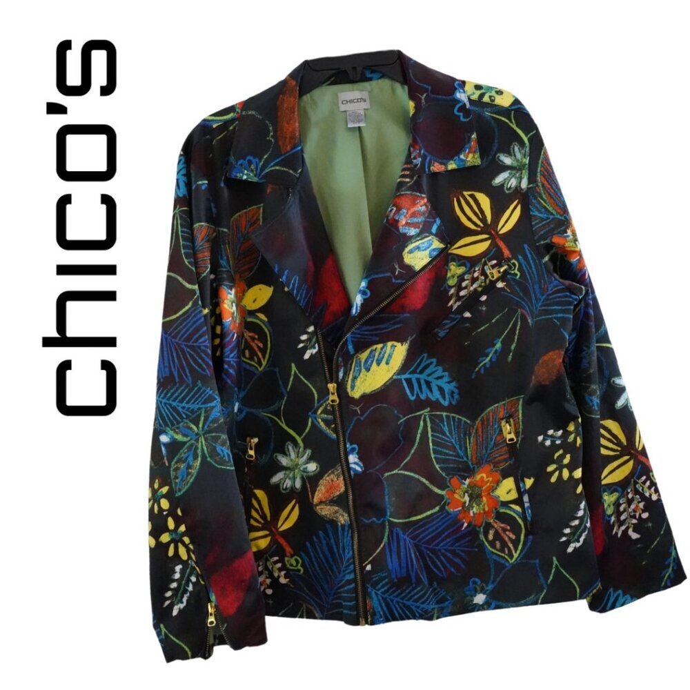 Chico’s, Whimsical Night Gretta Moto Floral Jacket Blazer, Size 3, Black, Blue